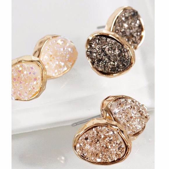 Gold Tone Hematite Druzy Stud Earrings - Picture 2 of 3